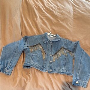 Le Lis Blue Jean Jacket with rhinestone Fringe
